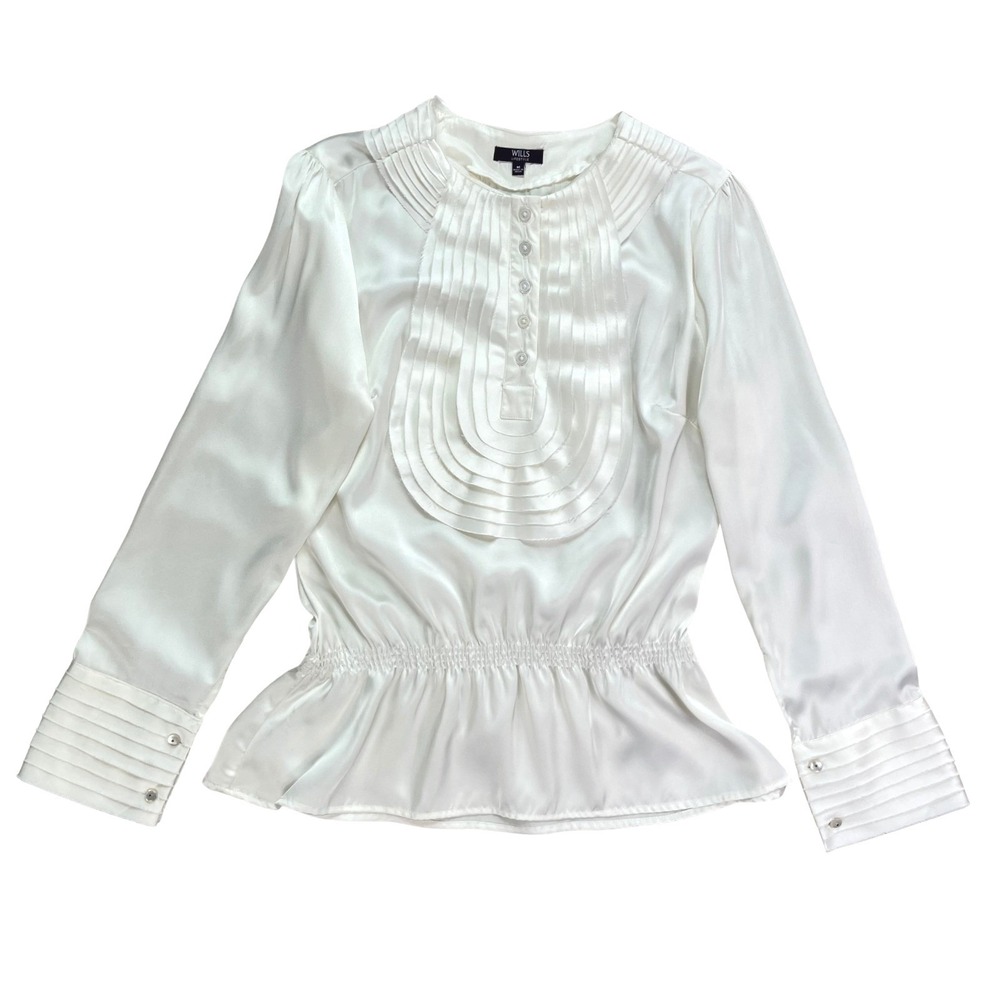 Wills Lifestyle Womens Satin Pleated Bib Blouse M Cream Smocked Coquette Regency